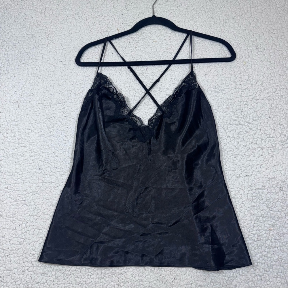 Frederick’s Of Hollywood Satin Camisole Cami Lace Trim Black sz Large Open Back